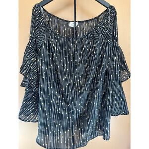 Janette Plus Womens 1XL Off‎ Shoulder Ruffle Sleeve Blouse Black Yellow Striped